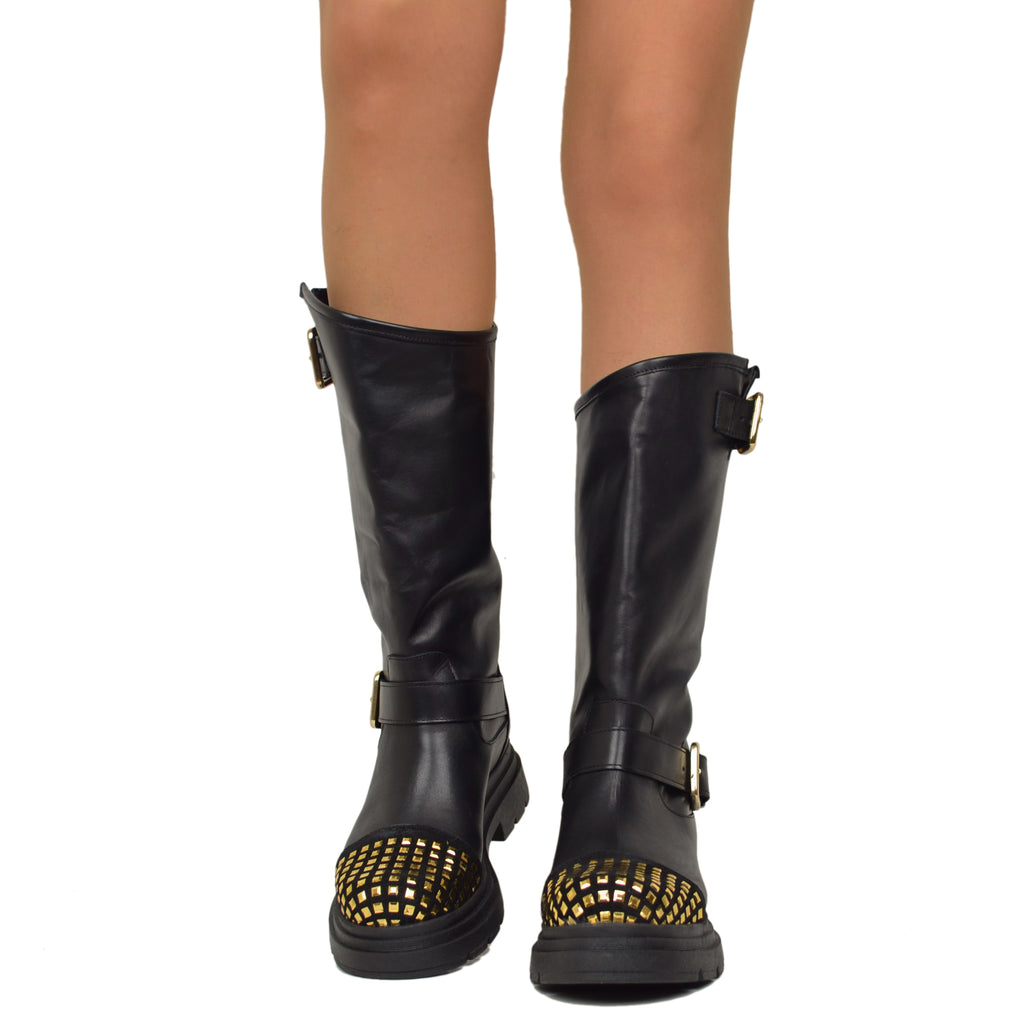 Black Women's Biker Boots in Leather with Studs on the Toe - 3