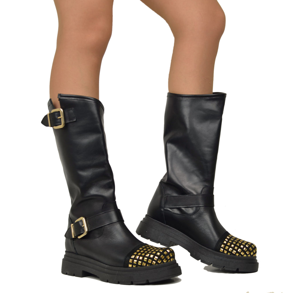 Black Women's Biker Boots in Leather with Studs on the Toe - 4
