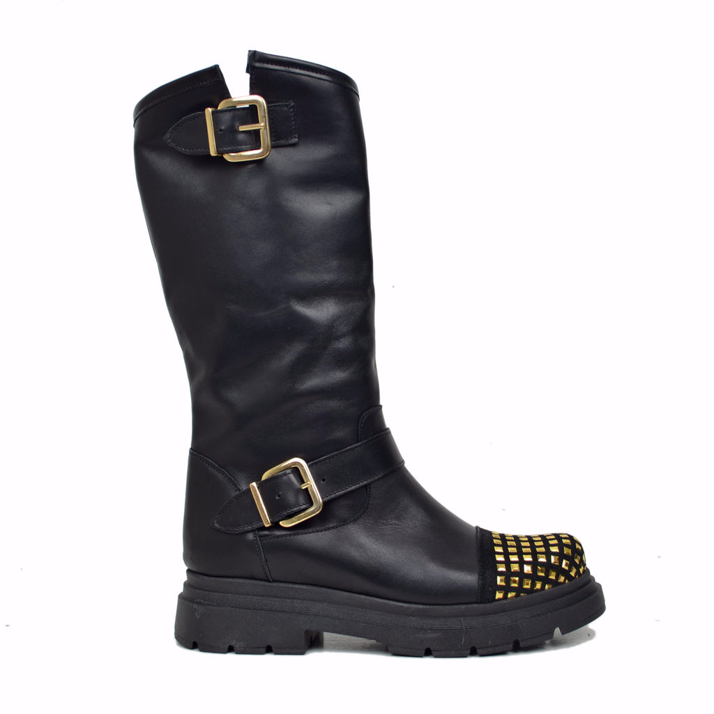 Black Women's Biker Boots in Leather with Studs on the Toe - 2