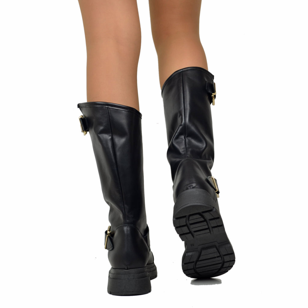Black Women's Biker Boots in Leather with Studs on the Toe - 5