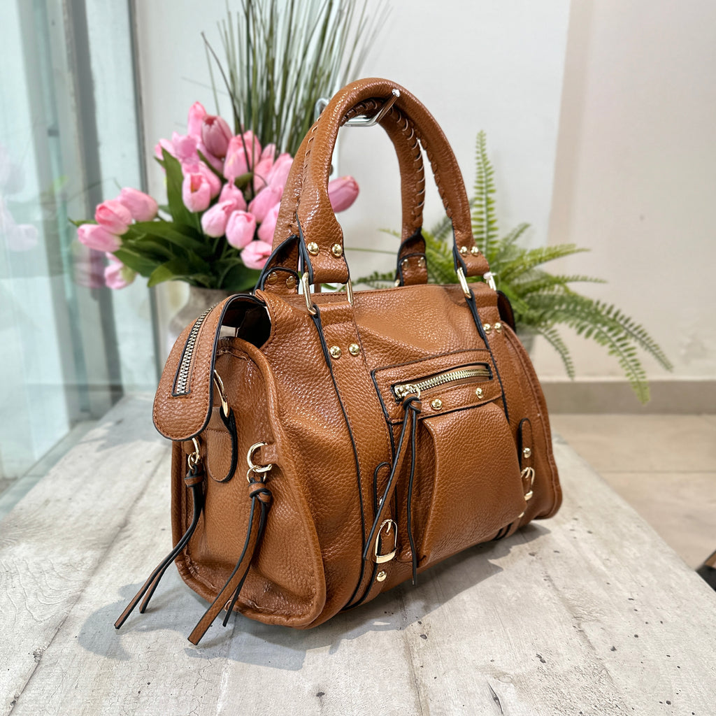 Borsa Grande color Cuoio Similpelle a Spalla con Tracolla e Zip - 2
