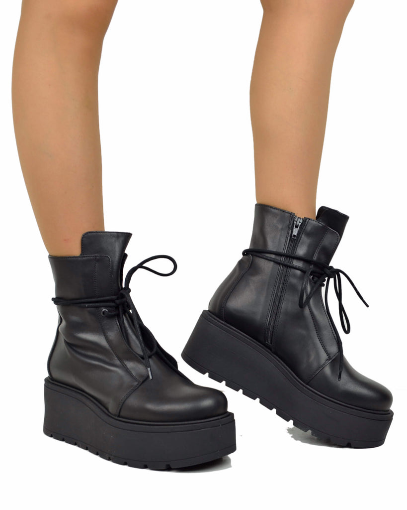 Stivaletti Platform 7 cm con Zip Laterale Vera Pelle Made in Italy Laccio alla Caviglia Neri - 3