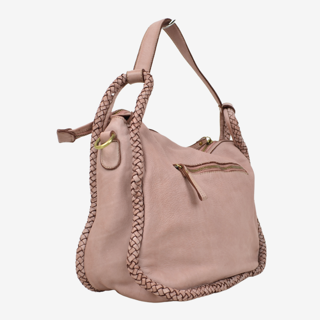 Borsa Intrecciata a Mano Quadrata Cipria in Pelle Nappa con Tracolla - 3