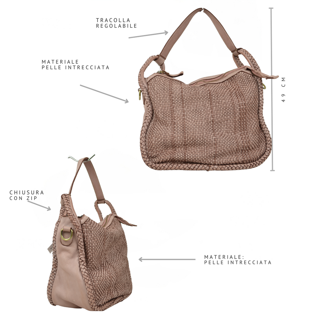 Borsa Intrecciata a Mano Quadrata Cipria in Pelle Nappa con Tracolla - 4