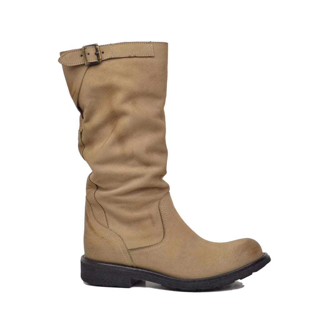 Stivali Biker Boots a Metà Polpaccio in Pelle Vintage Taupe - 2