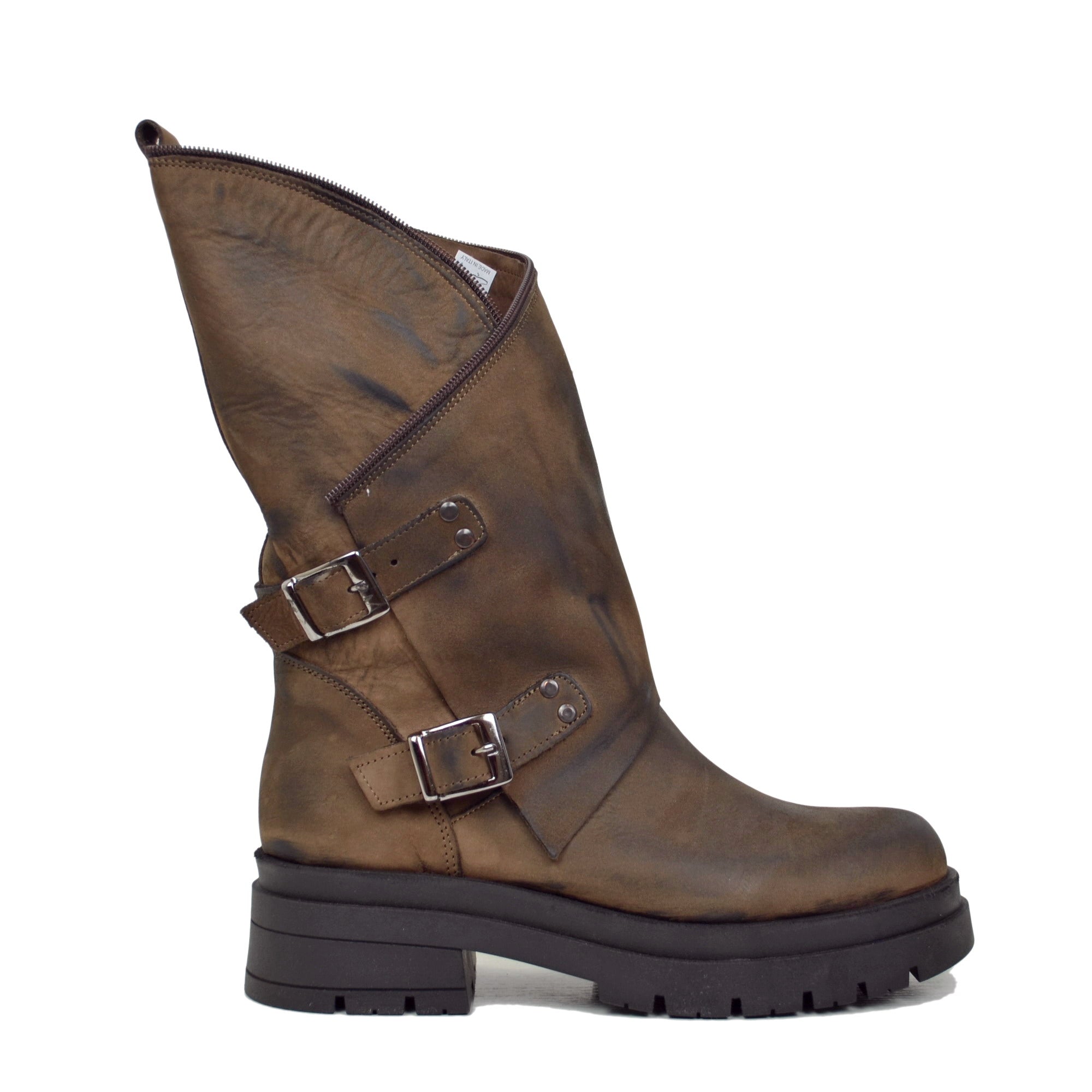 Women's Brown Biker Boots with Buckles and Side Zip Made in Italy