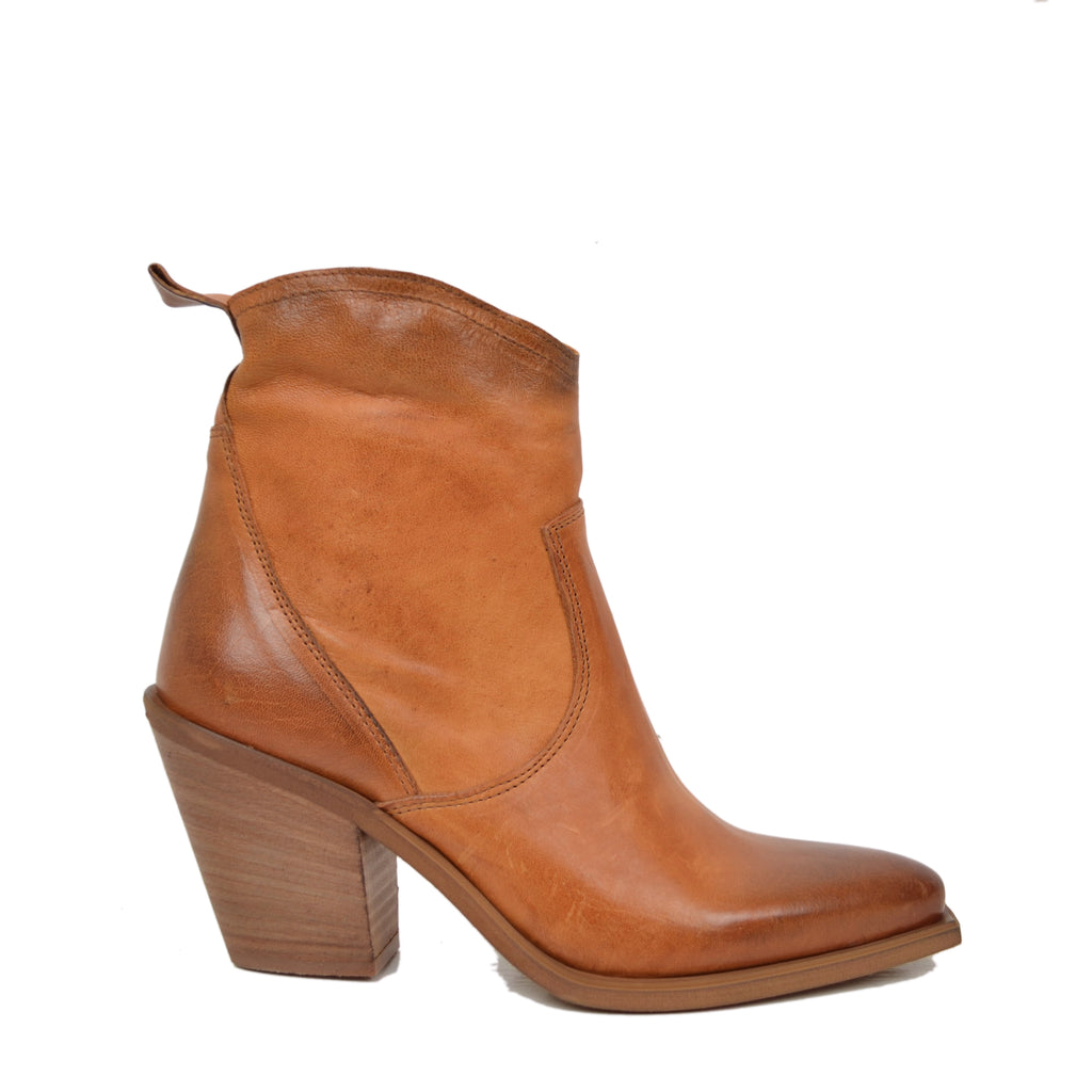 Women's Summer Texan Ankle Boots in Tan Leather Made in Italy - 2