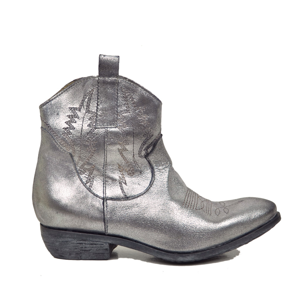 Damen-Cowboystiefel aus echtem silberfarbenem laminiertem Leder, hergestellt in Italien - 2