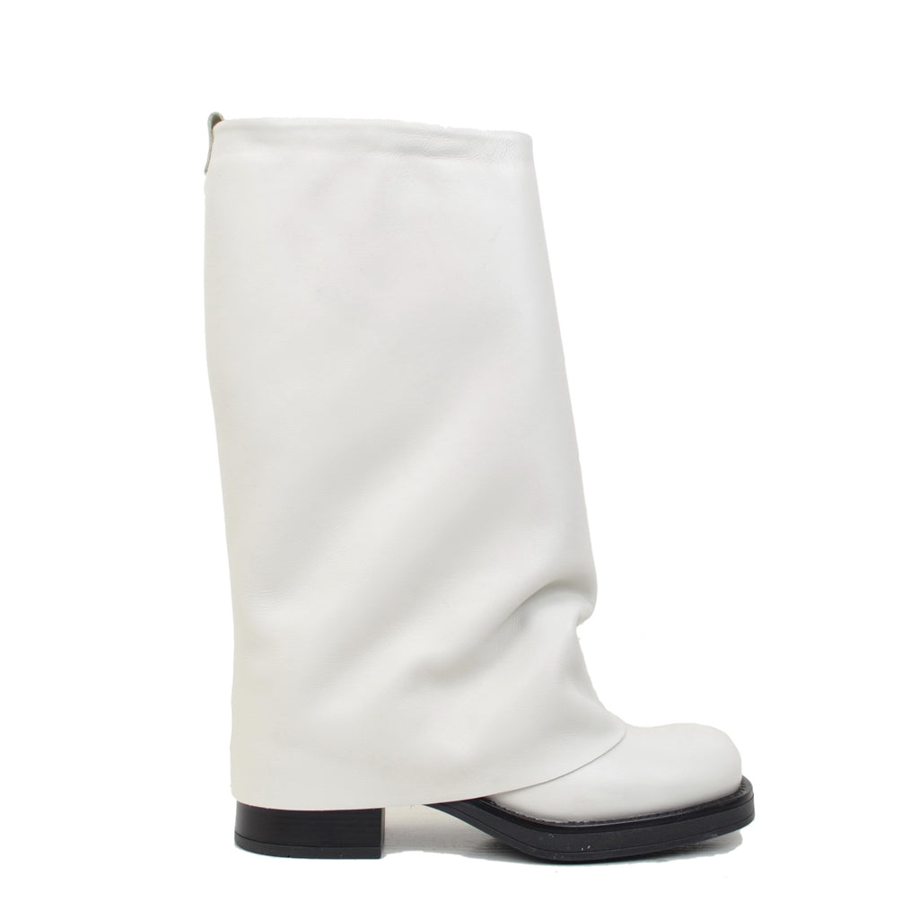 Offwhite Leather Women's Biker Boots with Square Toe Gaiter - 2