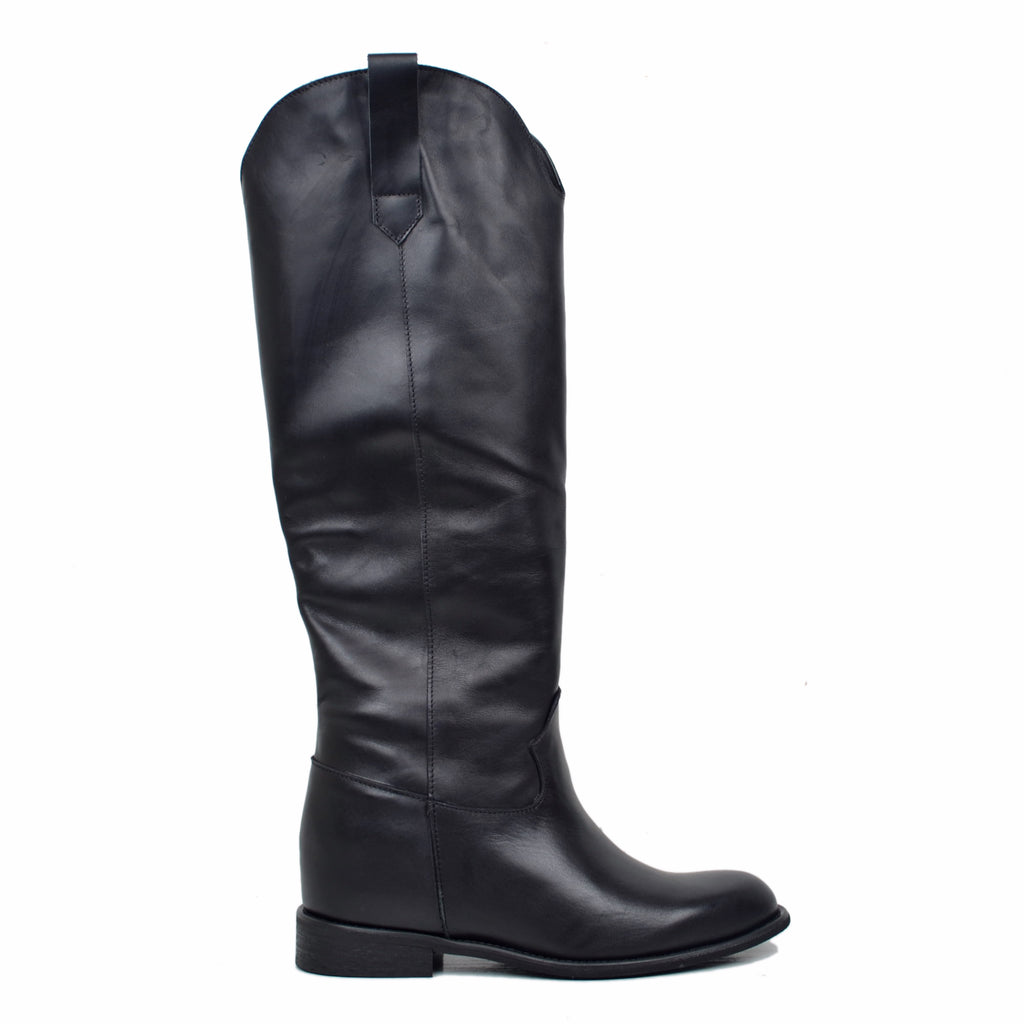 Women's Black Leather Boots with Internal Wedge Made in Italy - 2