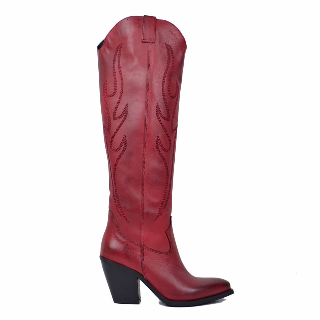 Knee High Texan Boots 9cm High Heel Genuine Leather Red - 2