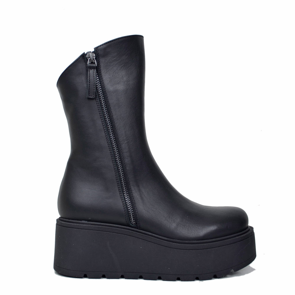 7 cm hohe Plateau-Stiefeletten mit seitlichem Reißverschluss, echtes Leder, hergestellt in Italien, handgefertigt, Schwarz - 2