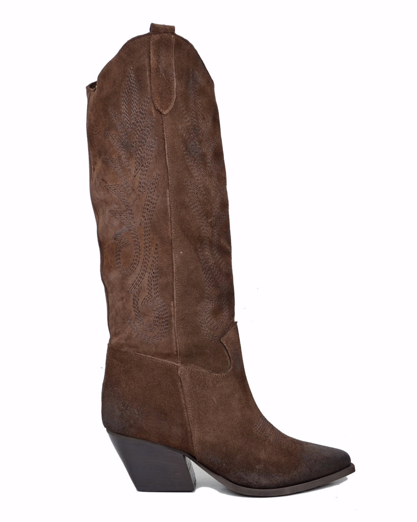 Stivali Texani Scamosciati Marroni Cuciture Tono su Tono Decorati - 2