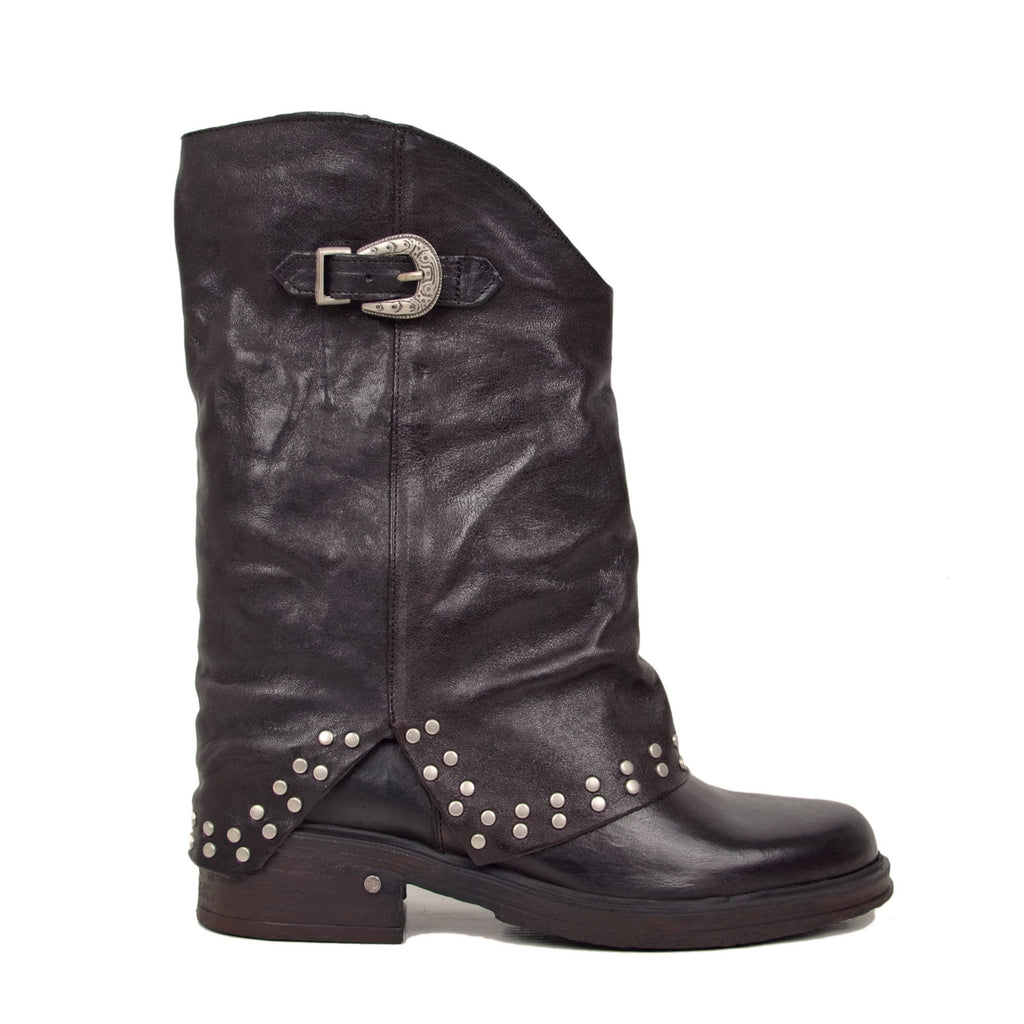 Biker Boots with Silver Studs and Dark Brown Leather Gaiter - 2