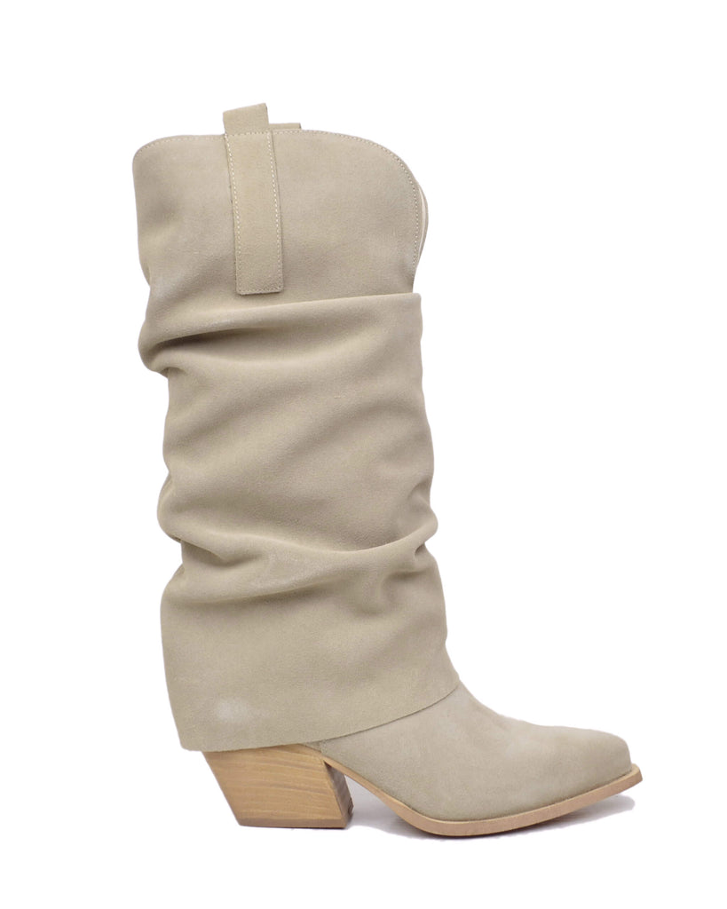 Wide Calf Suede Cowboy Boots with Soft Shaft – 7 cm Heel – Beige - 2