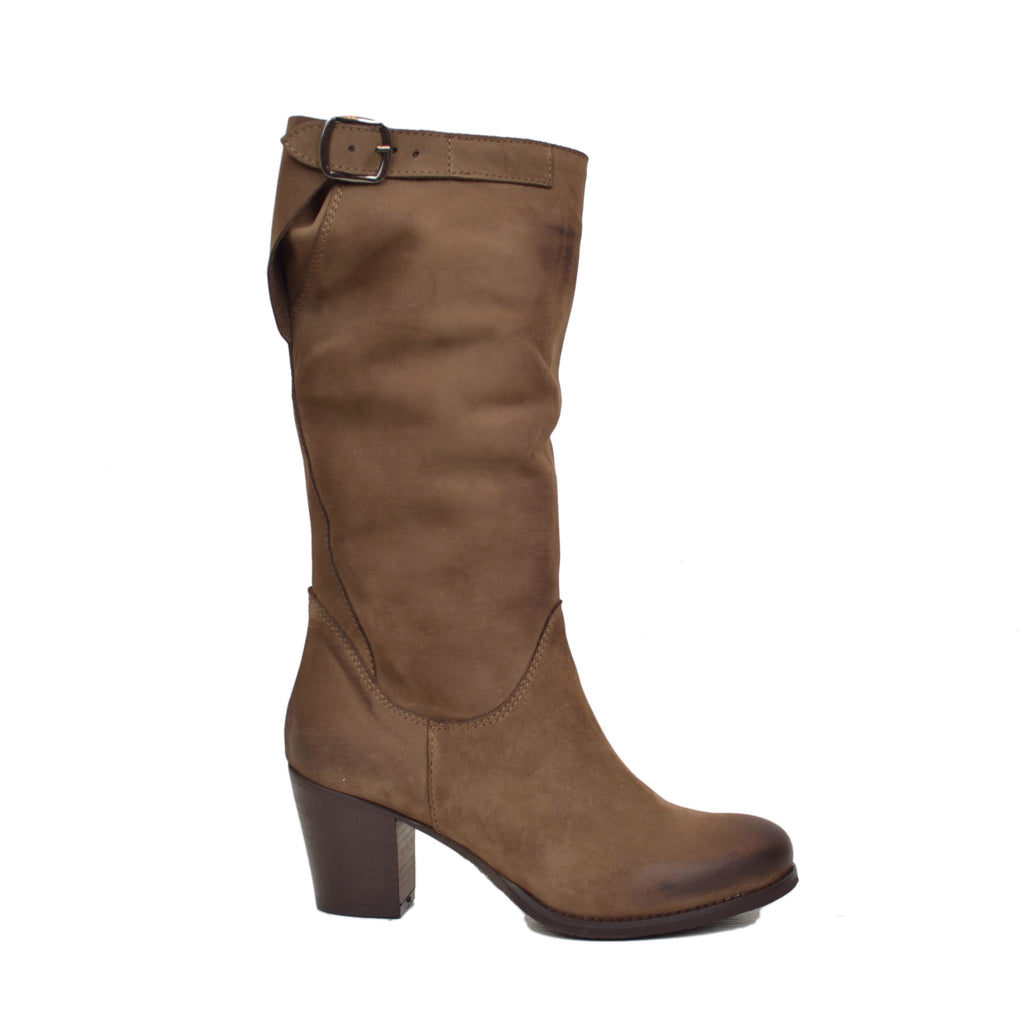 Medium Heel Women's Boots in Genuine Dark Brown Nubuck Leather - 2
