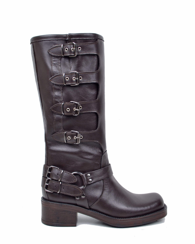 Biker-Stiefel Damen aus braunem Leder mit 5 Schnallen und eckiger Spitze – Made in Italy - 6