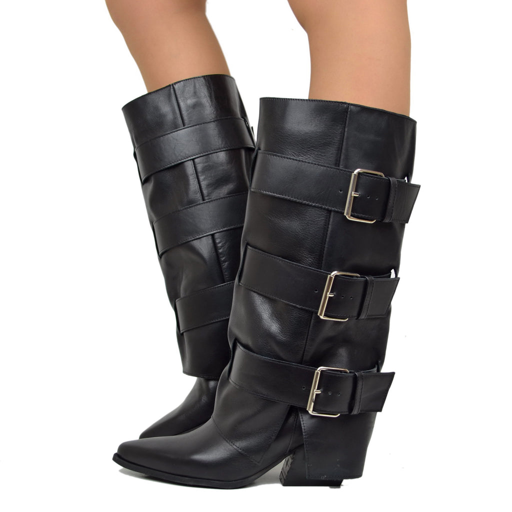 High Texans with Three Buckle Gaiter, Real Black Leather, Heel 6 Cm