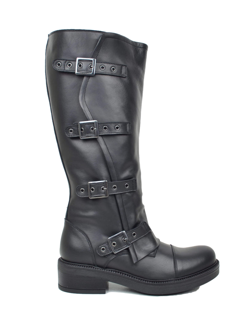 Damen Biker Stiefel Schwarz Leder Weitschaft XL Curvy mit Schnallen – Made in Italy - 6