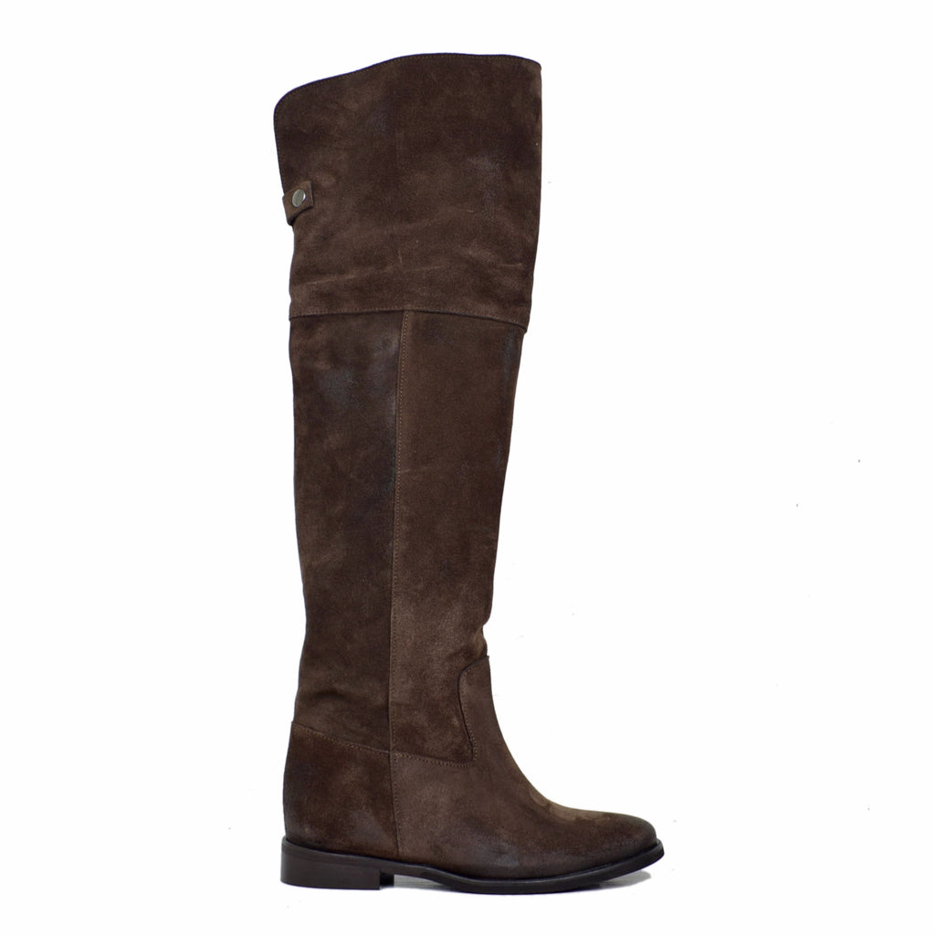 Hohe Stiefel bis zum Knie mit Innenkeil, braunes Wildleder, Made in Italy - 2