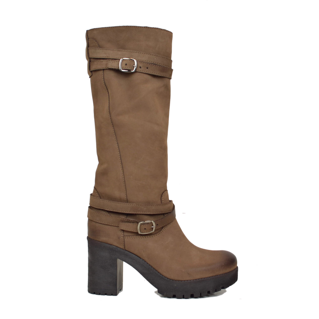 Stivali Donna con Cavigliera Pelle Nabuk Marrone Made in Italy - 2