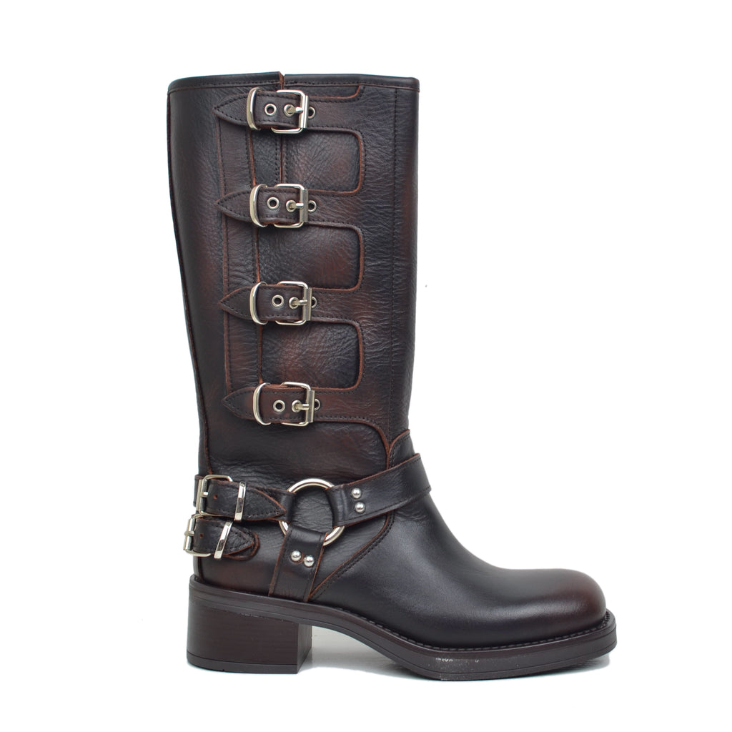 Biker Boots with 5 Buckles Square Toe Dark Brown Leather - 2