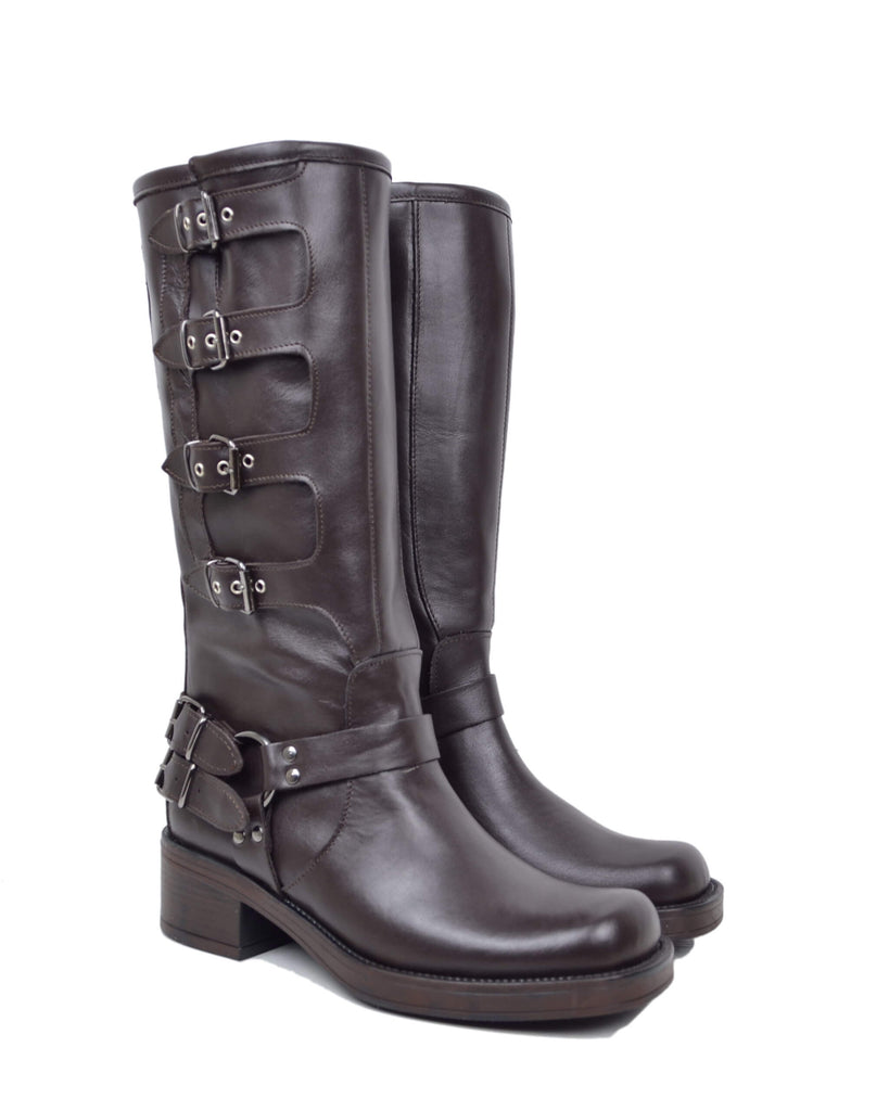 Biker-Stiefel Damen aus braunem Leder mit 5 Schnallen und eckiger Spitze – Made in Italy - 3