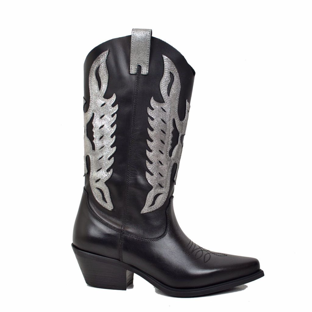 Black Women's Texan Boots in Shaded and Silver Leather with Zip - 2