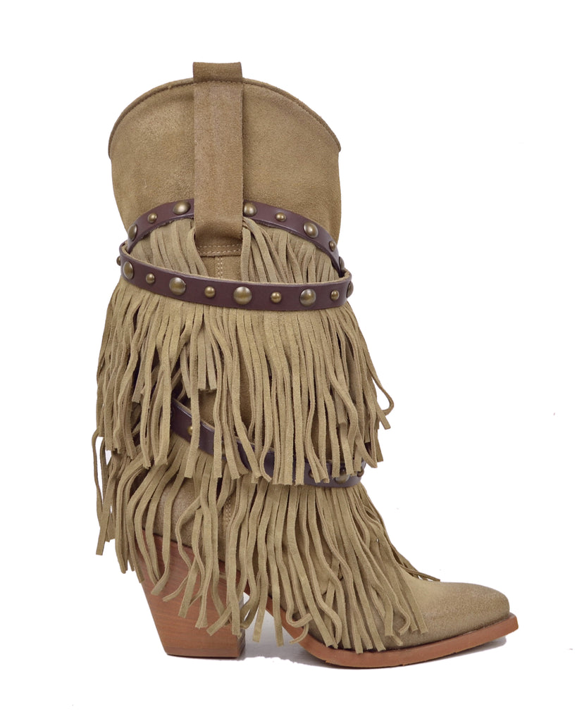 Stivali Texani con Frange Vera Pelle Scamosciata Wild Cowboyboots Taupe - 2