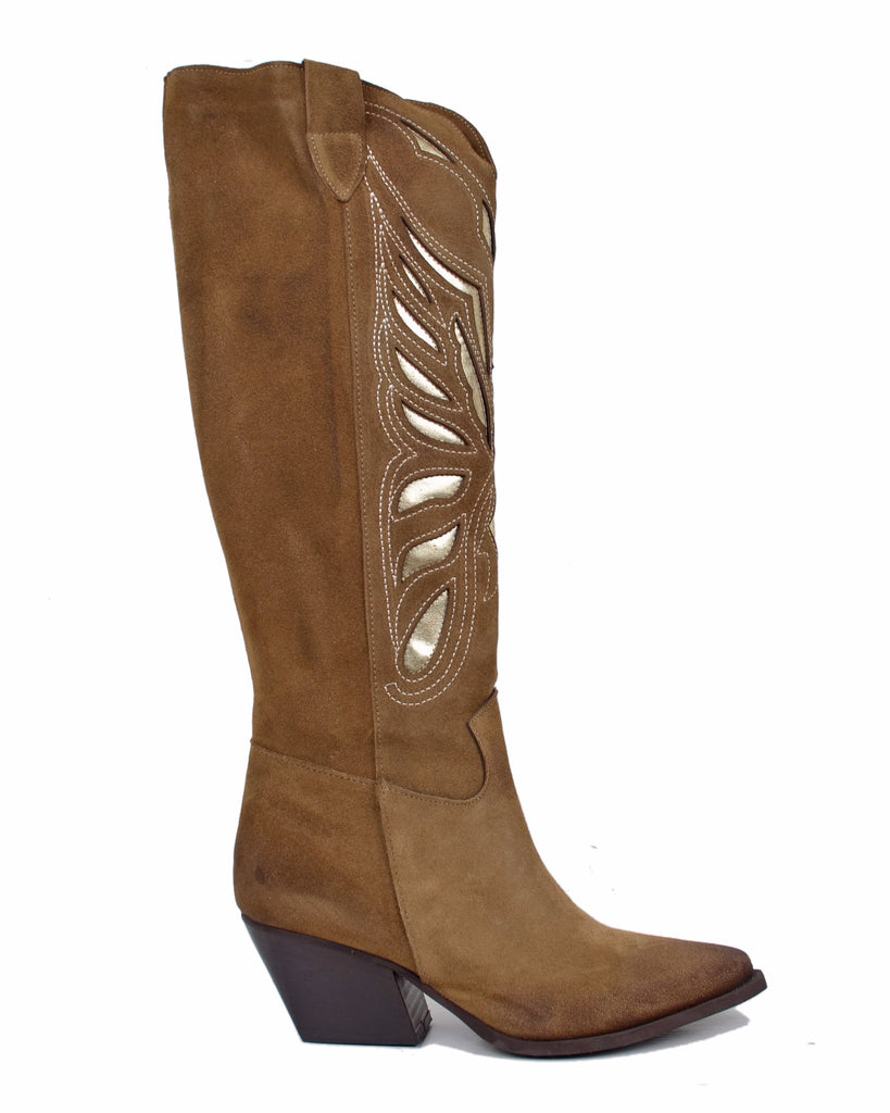 Cowboystiefel aus Echtem Veloursleder mit Goldenen Schmetterlings-Ausschnitten, 7 cm Absatz - 5