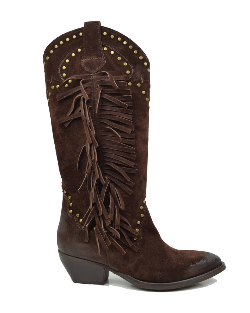 Brown Suede Fringed Cowboy Boots – Handmade in Italy - 2