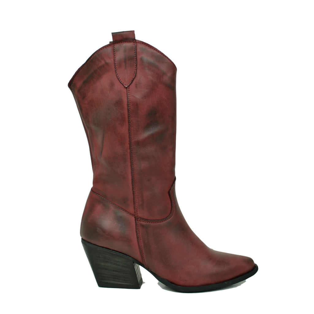 Women's Bordeaux Leather Texan Boots Made in Italy - 2