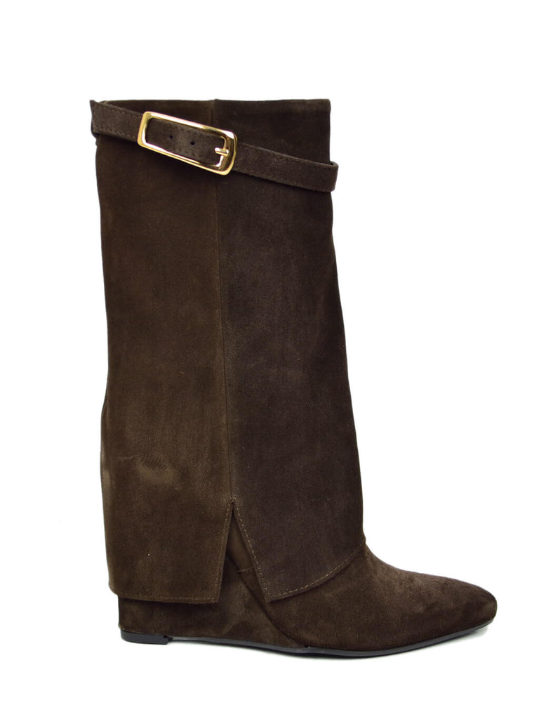 Stivaletti con Ghetta e Fibbia Dorata Zeppa Alta 9 Cm in Pelle Scamosciata Marrone - 6