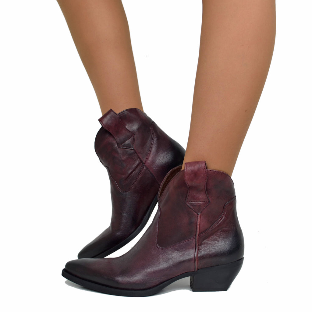 Texanische Stiefeletten aus bordeauxrotem Leder mit Knittereffekt, 5 cm Absatz, hergestellt in Italien
