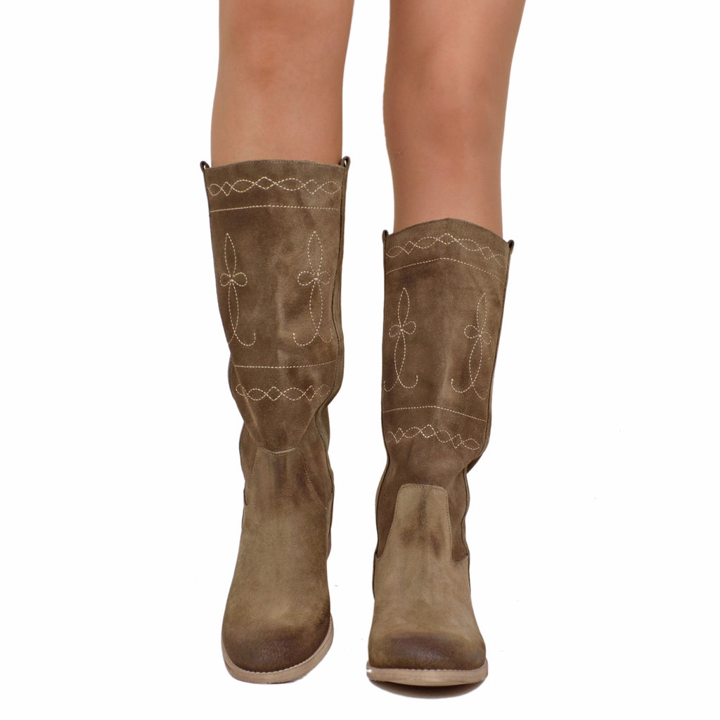 Camperos Women's Boots in Taupe Suede with Embroideries - 4