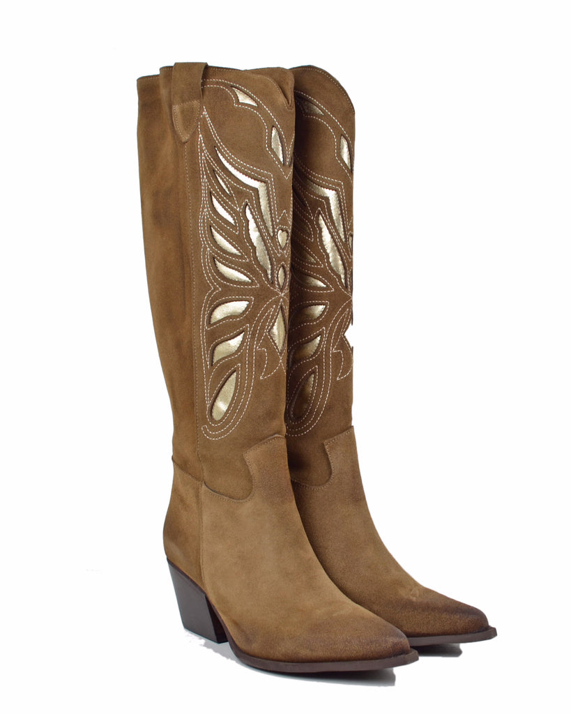 Cowboystiefel aus Echtem Veloursleder mit Goldenen Schmetterlings-Ausschnitten, 7 cm Absatz - 2