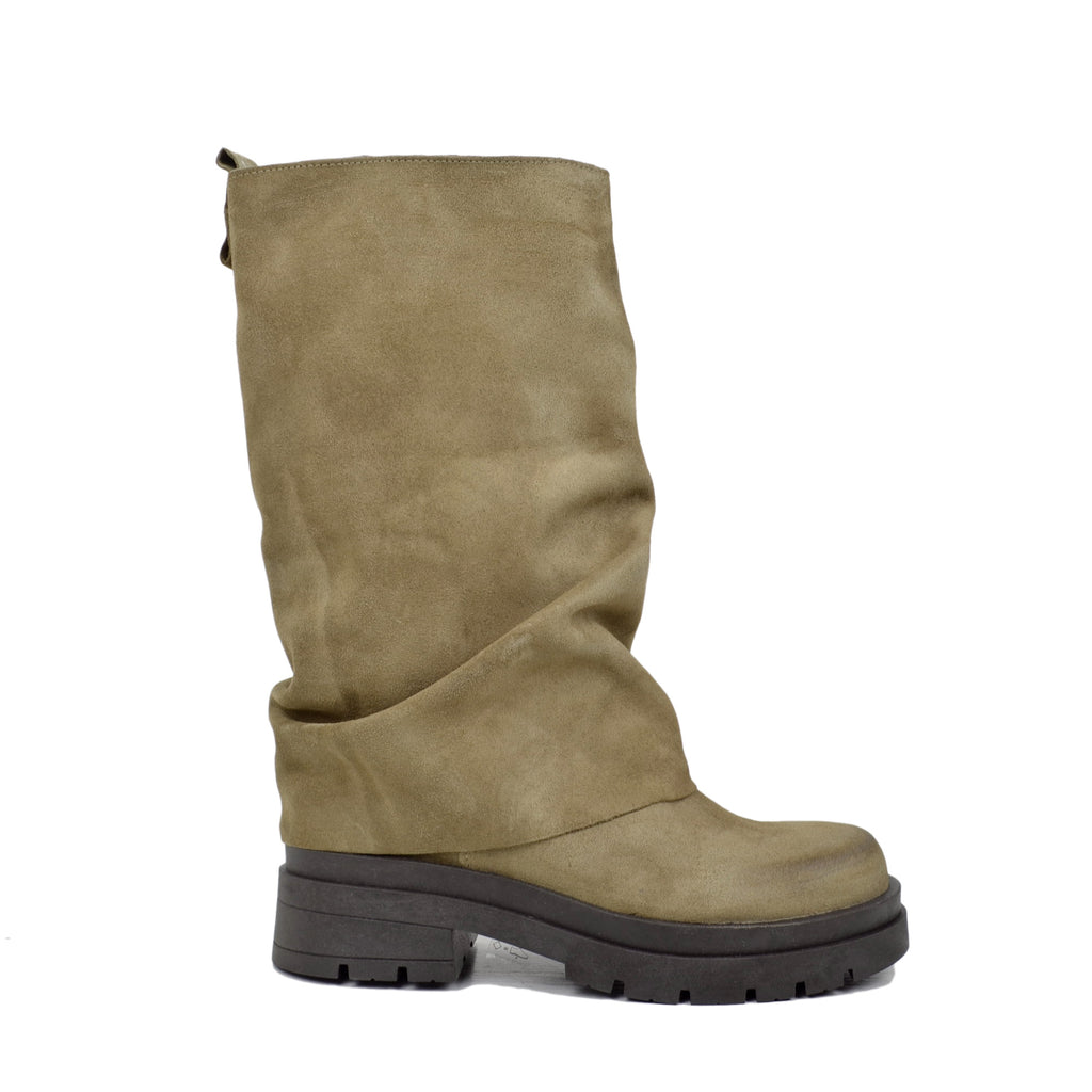 Biker Boots Taupe con Ghetta in Pelle Scamosciata Fondo Platform Pianta Larga - 2