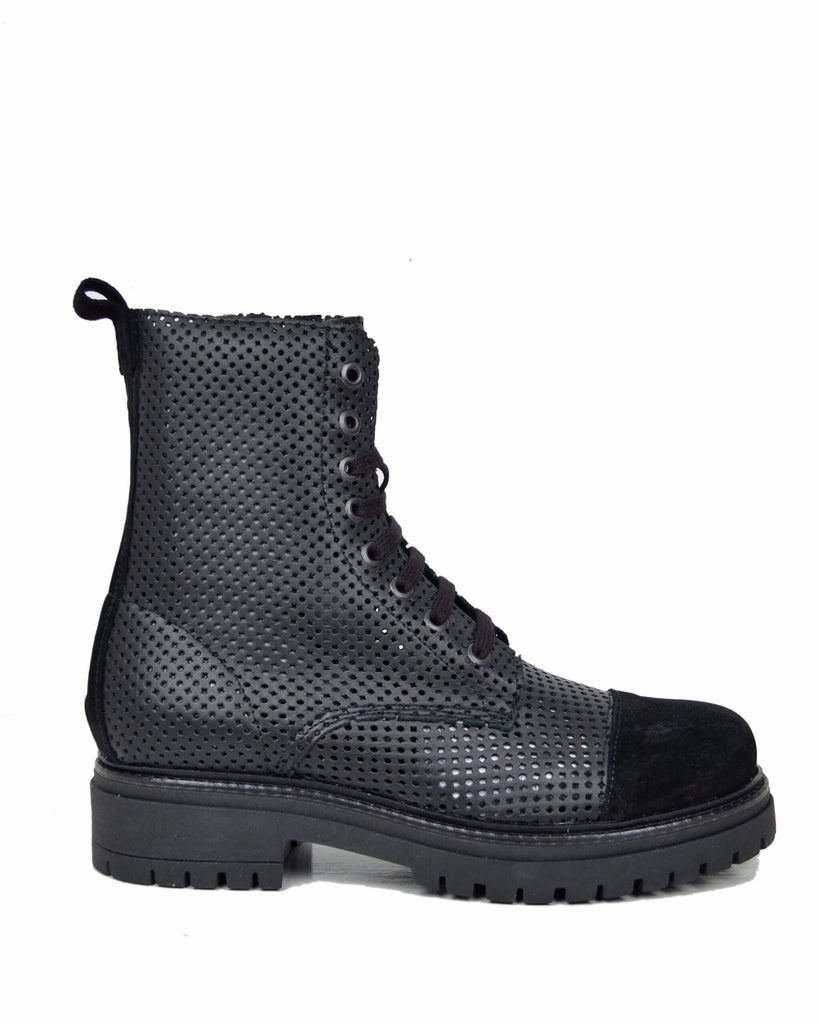 Lochmuster-Schnürboots Damen Sommer Echtleder, Wildlederkappe, Schwarz - 5