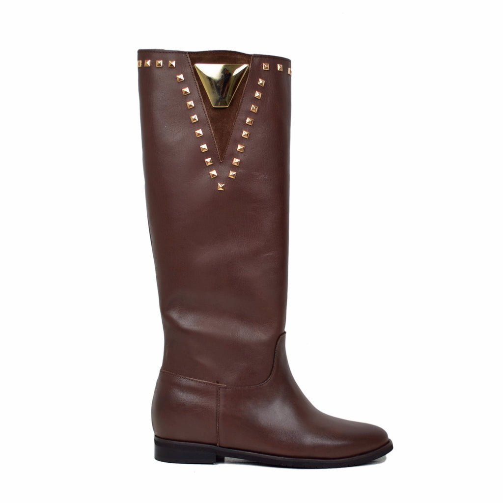 Boots with Internal Wedge and Studs Made in Italy in Dark Brown Leather - 2