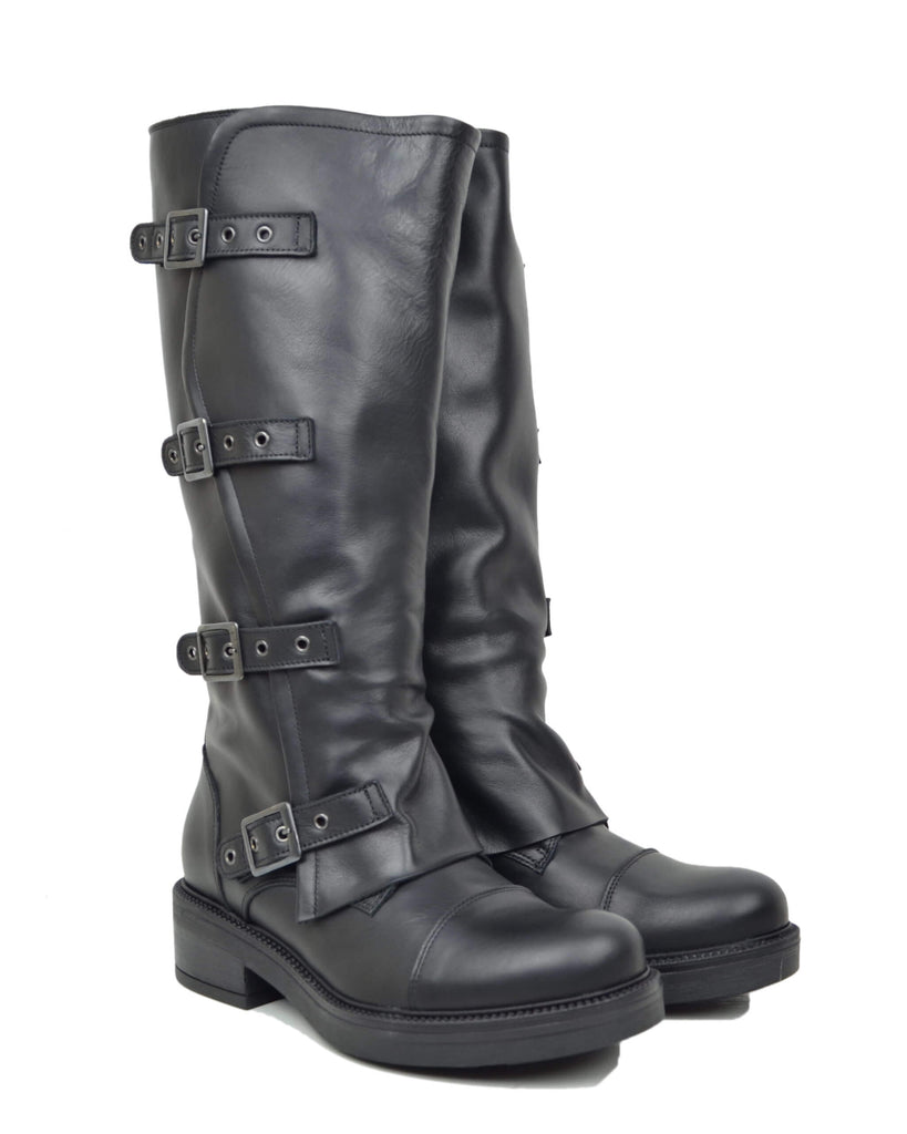 Damen Biker Stiefel Schwarz Leder Weitschaft XL Curvy mit Schnallen – Made in Italy - 2