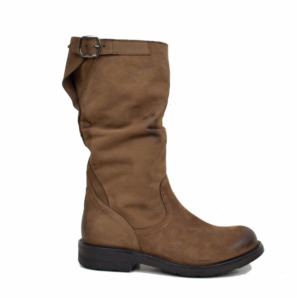 Stivali Biker Boots a Metà Polpaccio in Pelle Vintage Marrone - 2