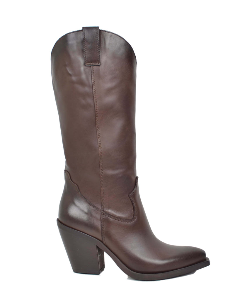 Stivali Alti Texani Trapuntati Eleganti in Vera Pelle Testa di Moro Tacco 9 cm - 4