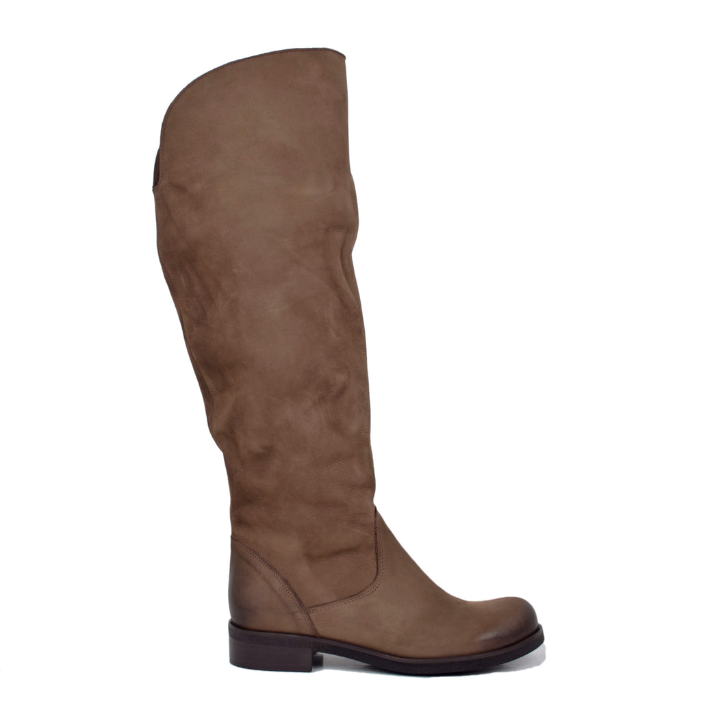 Dark Brown Nabuk Leather Knee High Boots Low Heel - 2