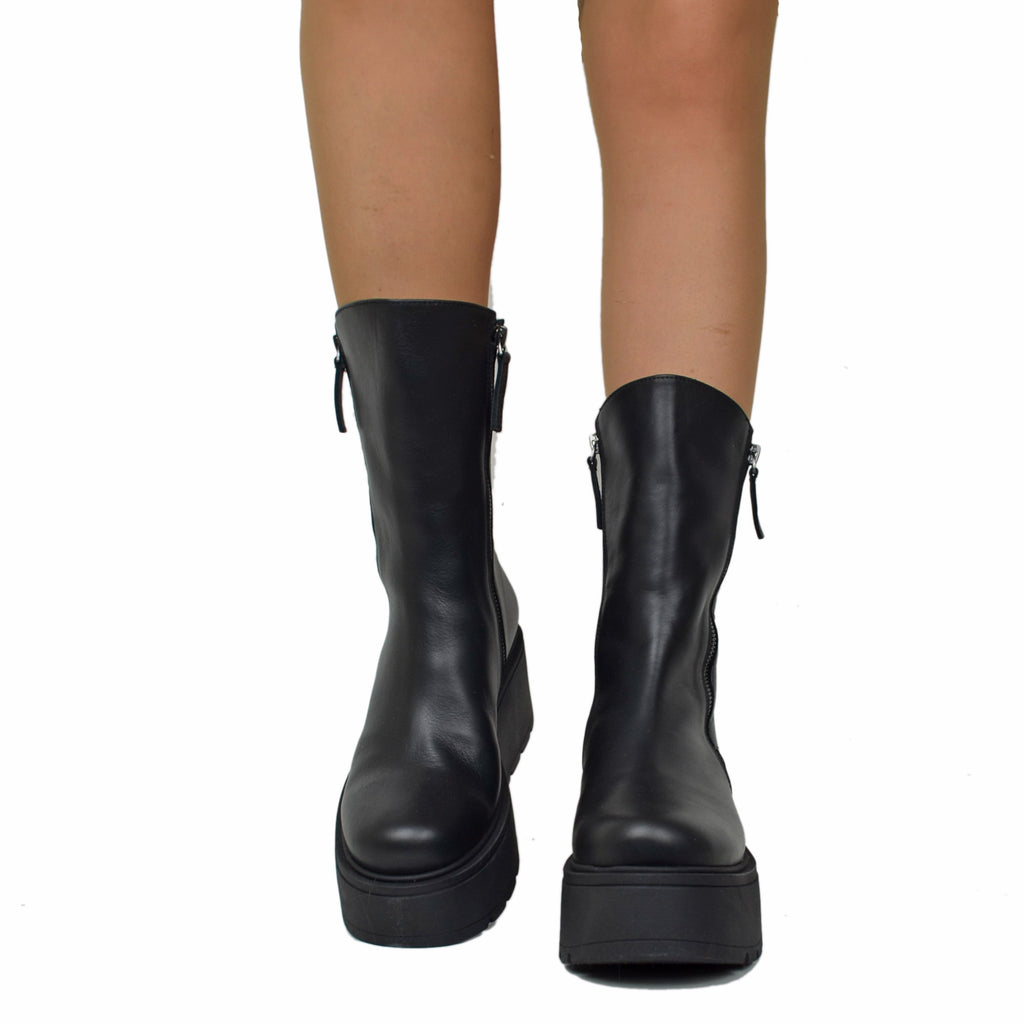 7 cm hohe Plateau-Stiefeletten mit seitlichem Reißverschluss, echtes Leder, hergestellt in Italien, handgefertigt, Schwarz - 3