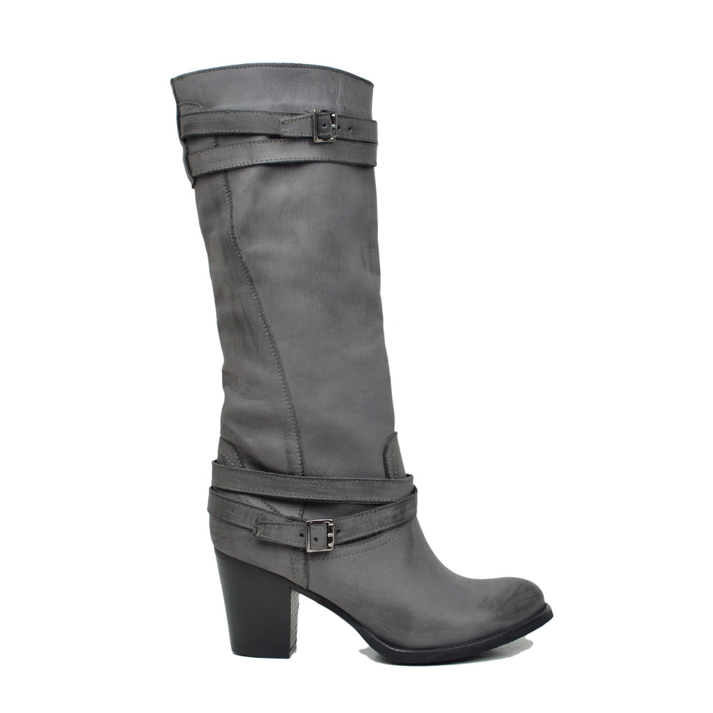 Women's Boots in Genuine Nubuck Leather with Medium Heel Dark Grey - 2
