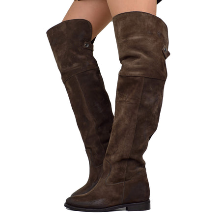 Bottes hautes au genou avec talon compensé intérieur en cuir suédé marron Made in Italy