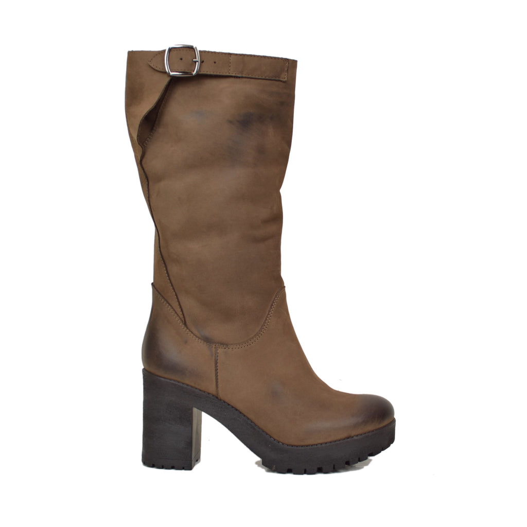 Brown Nubuck Leather Women's Boots with Heel Made in Italy - 2