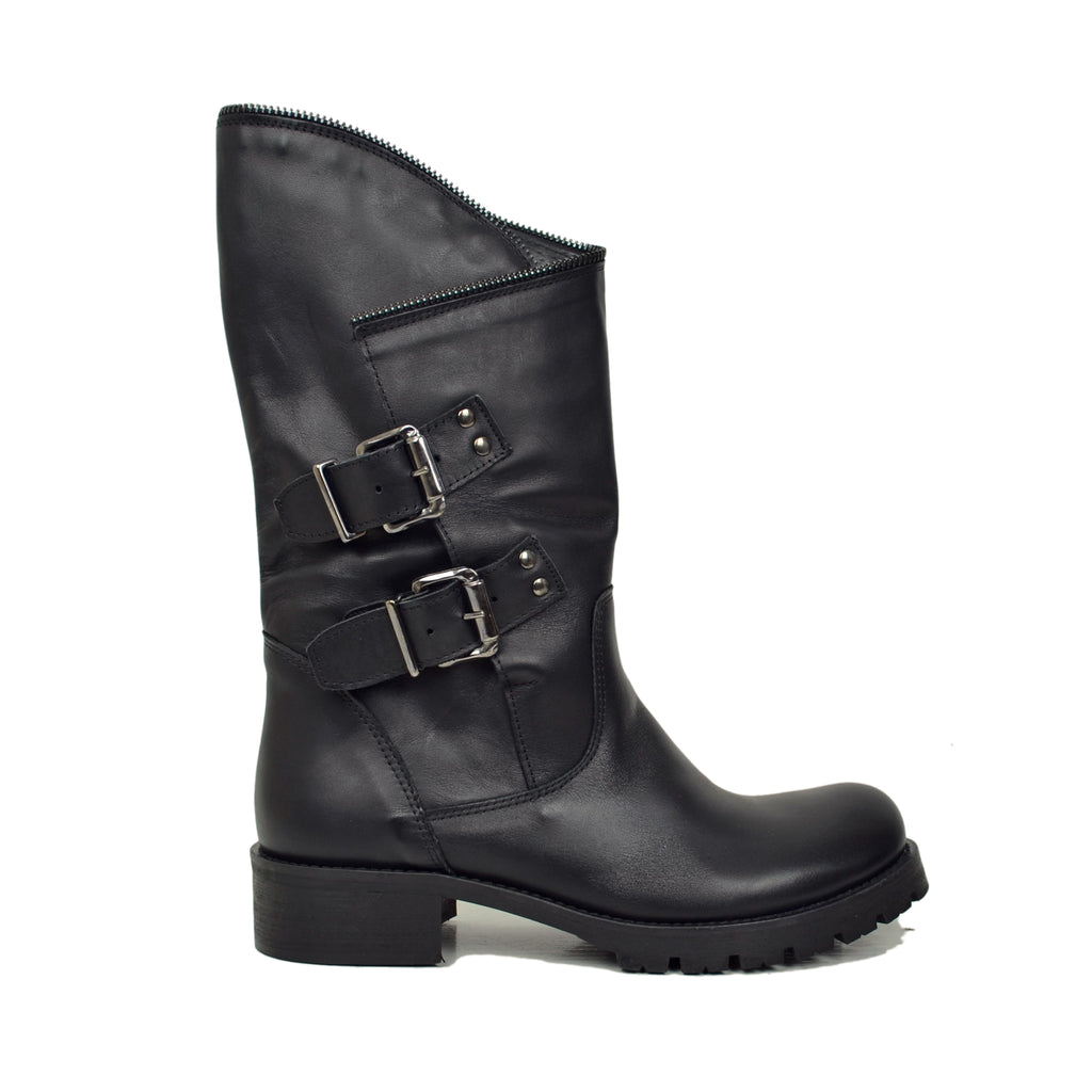 Biker Boots with Wide and Adjustable Calf with Zip in Real Black Leather - 2