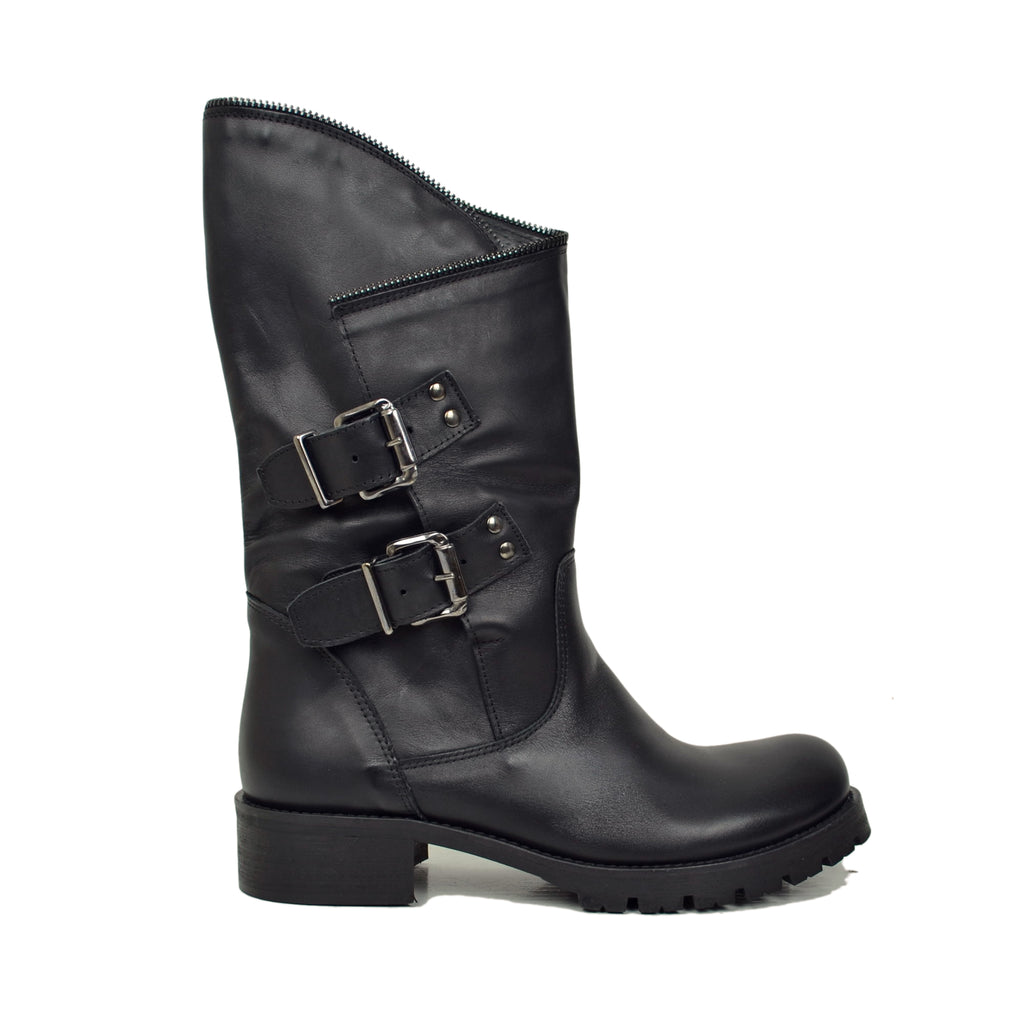 Stivali Biker con Polpaccio Ampio e Regolabile con Zip Vera Pelle Neri - 2