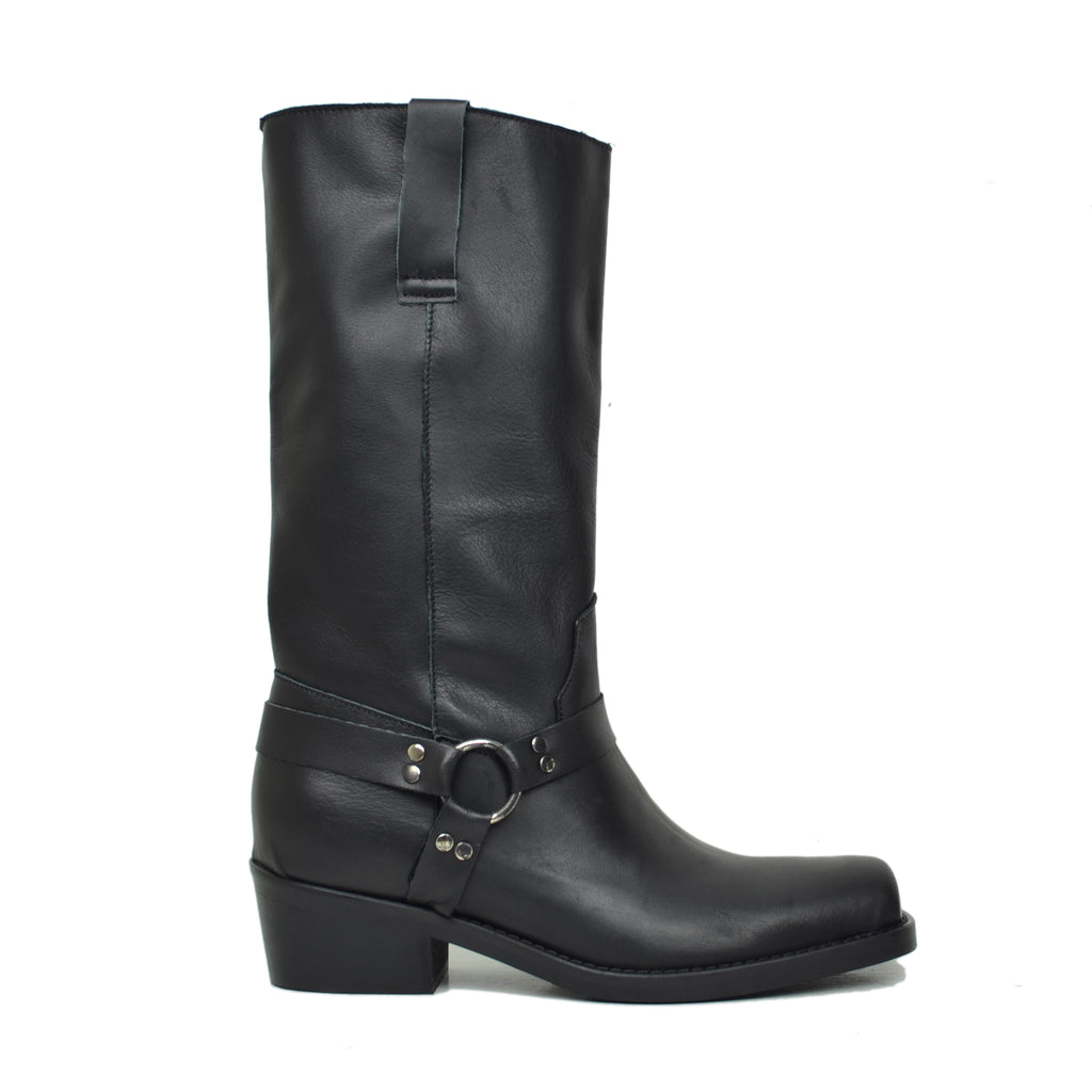 Women's Texan Boots in Black Leather Square Toe with Buckle - 2
